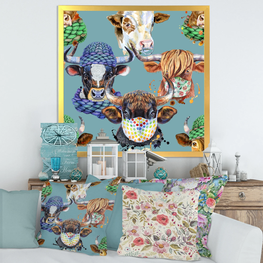 Designart 'Colorful Bulls On Blue' Patterned Framed Art Print