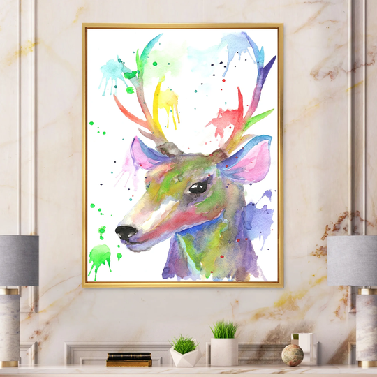 Designart 'Portrait Of Colorful Deer' Traditional Framed Canvas Wall Art Print