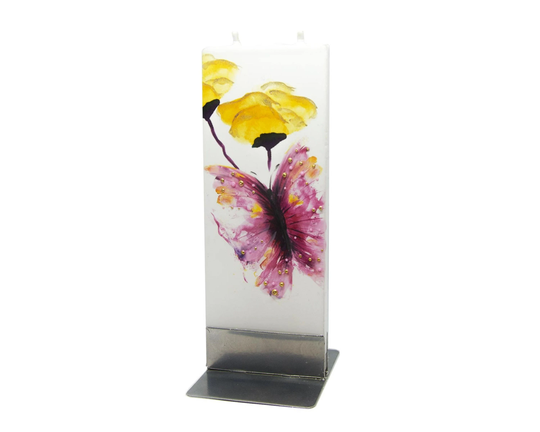 Hand Painted Flat Candle | Butterfly & Poppy Small Unique Gift Spring Floral Shelf Décor