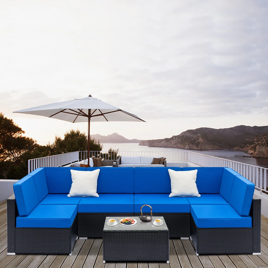 7-Piece Outdoor Rattan Wicker Sectional Sofa Furniture Set with Cushion - 7 Piece Rattan Sofa