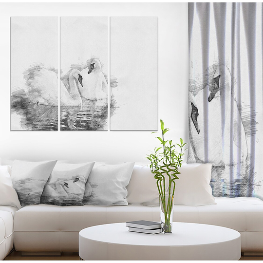 Designart 'Black and White Swan Pencil Sketch' Animals Print on Wrapped Canvas set