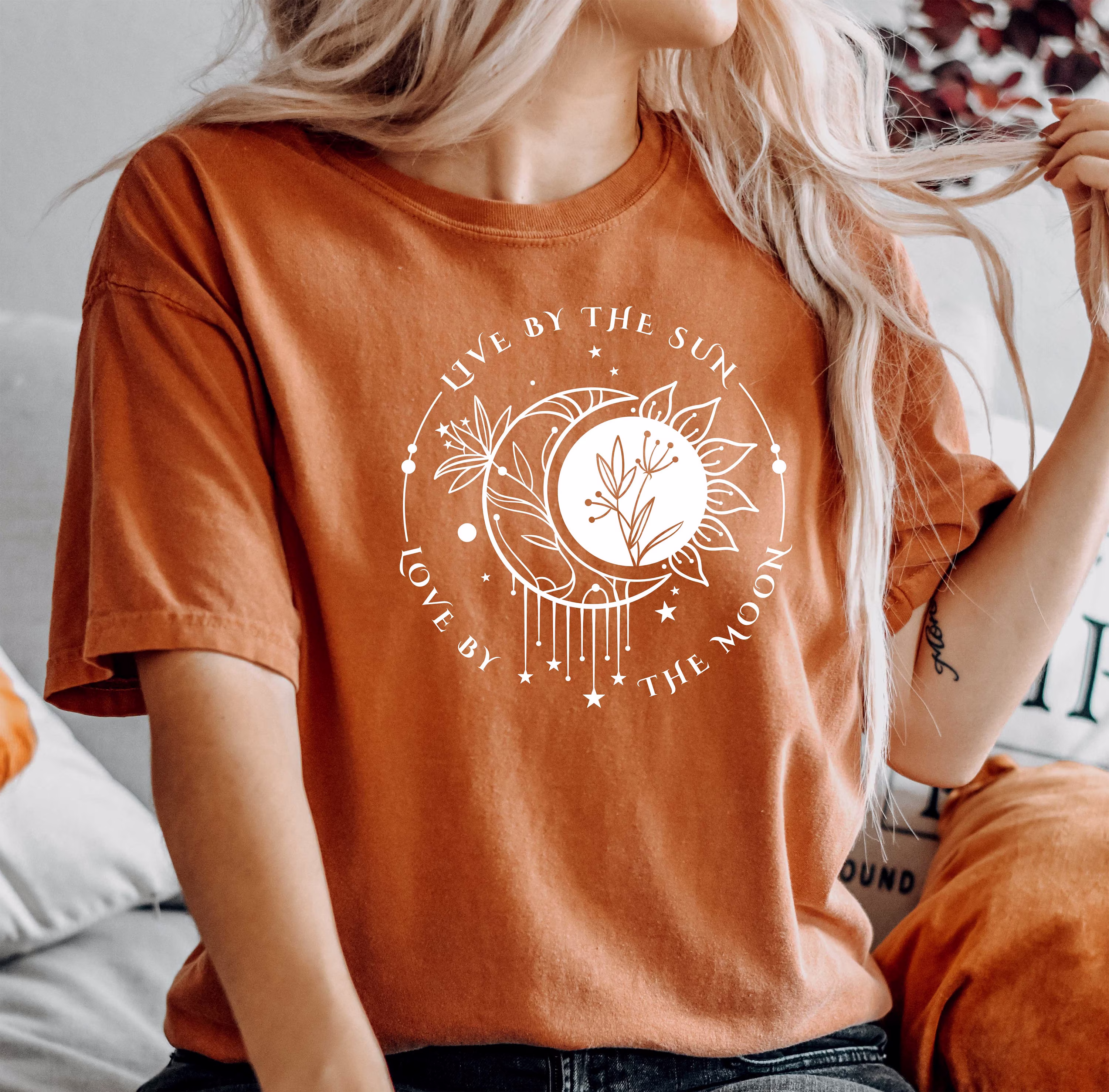 Comfort Colors Boho Shirt, Live By The Sun Top, & Moon T-Shirt, Comfy Oversized Moon, Style
