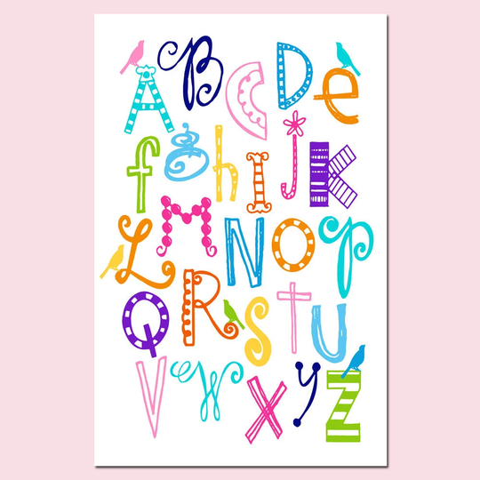Colorful Alphabet Print, Girly Art, Girl Nursery Decor, Playroom Abc Print For Room, Bird Or Canvas