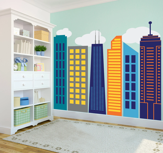 Bold Colorful Geometric City Skyline - Large Wall Decal Custom Vinyl Art Sticker Collection For Superhero Themed Kid's Rooms, Nurseries