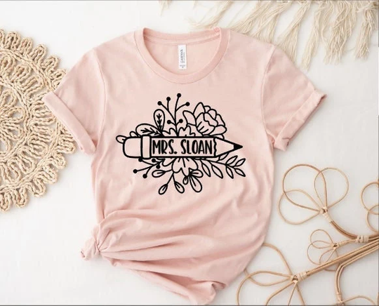Personalized Teacher Monogram Floral Pencil Shirt Matching Shirts Appreciation Gift Retro Style Mauve Peach Tee
