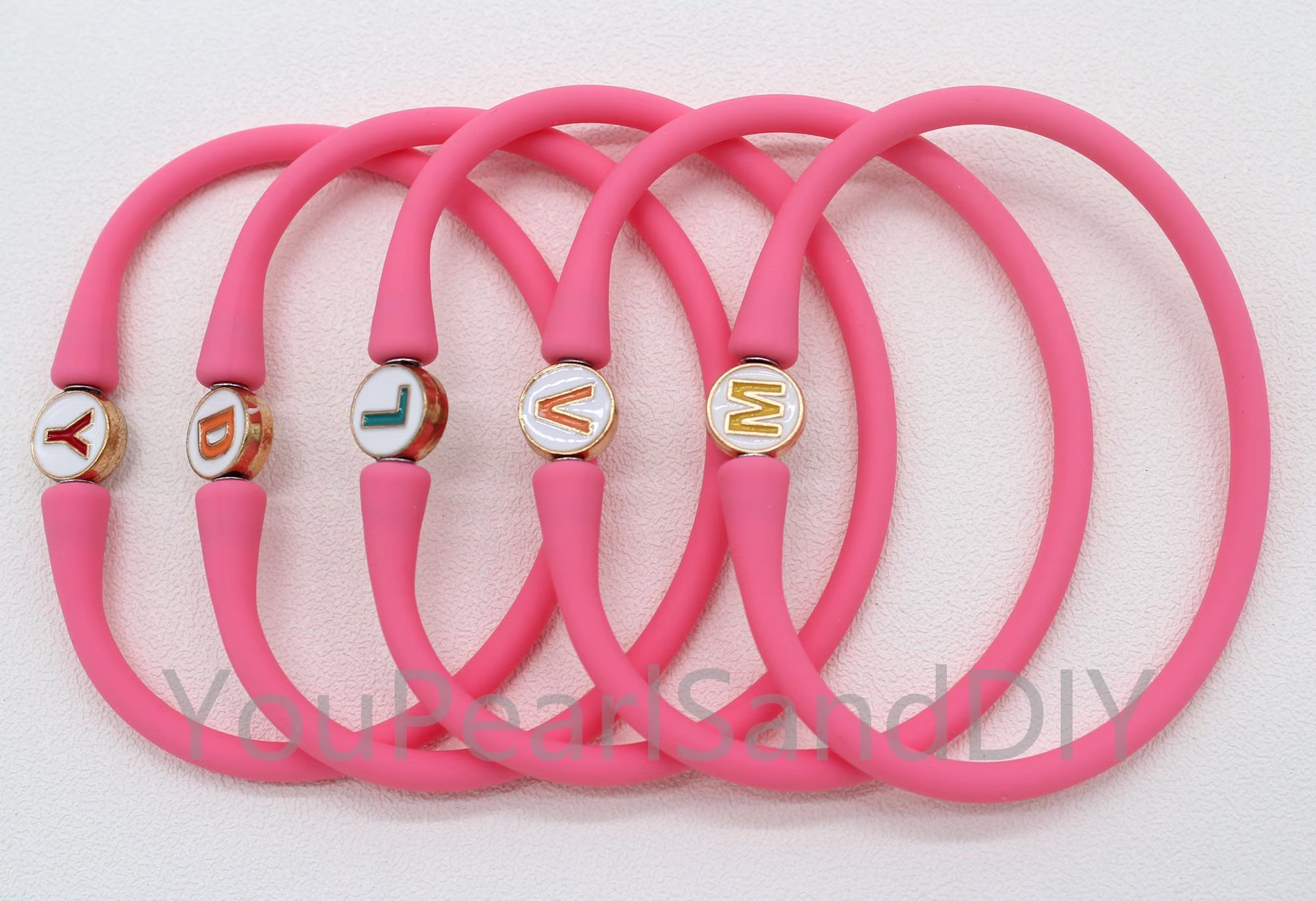 39 Pcs-18 Colors Silicone Rubber Bracelet & 26 Letters, Pink Waterproof Stretch Bracelet, Sport, Party Bracelet, Unisex BraceletW059