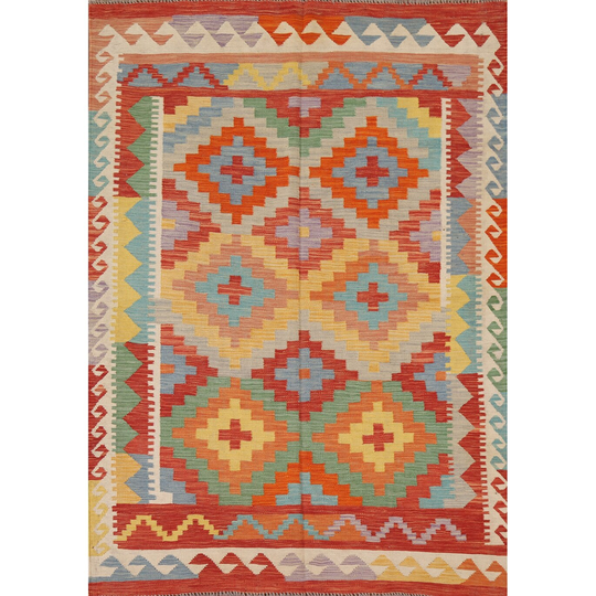 Multi-Color Kilim Area Rug Flat-weave Reversible Geometric Wool Carpet - 4'10" x 6'5"