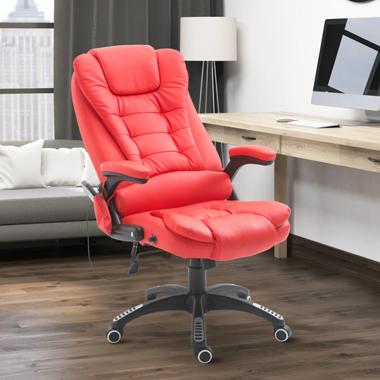 HomCom High Back Executive Massage Office Chair Faux Leather Heated Reclining Desk Chair with 6 Point Vibration, Bright Red