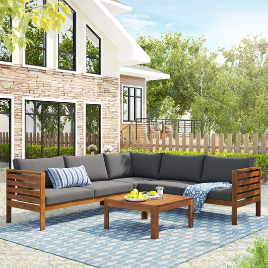 Wood Structure Outdoor Sectional Sofa Set with Two-person Sofa Plus Corner Sofa and Coffee Table, Water-resistant & UV Protected
