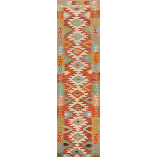 Multi-Color Geometric Kilim Runner Rug Hand-woven Wool Carpet - 2'9"x 16'3"