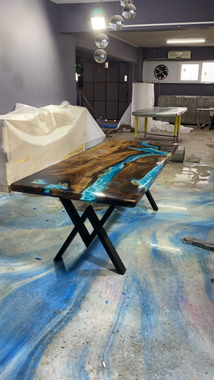 Live Edge Table, Handmade Epoxy Custom 84" X 36" Walnut Blue & Turquise Green With Aquarium Rocks Dining Table Order For Vini