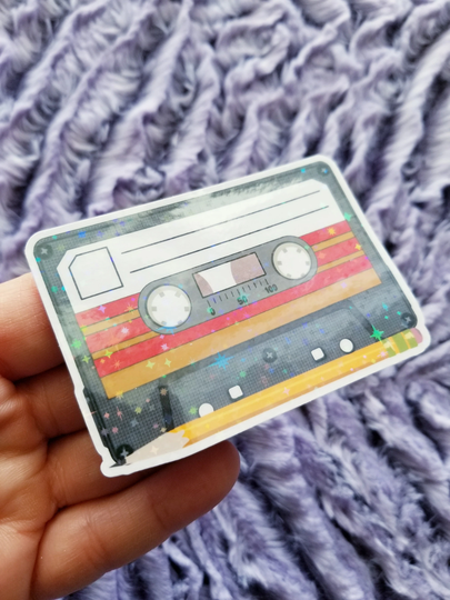 Cassette & Pencil Glittery Sticker Die Cut