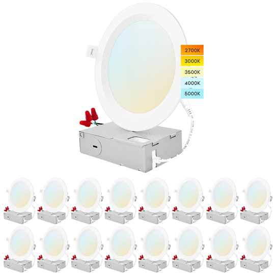 Luxrite 16 Pack 6" Ultra Thin LED Recessed Light J-Box 14W 5 Color Options Dimmable 1150 Lumens Baffle IC Rated