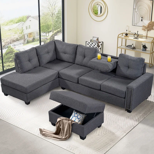 Upholstered L-shaped Reversible Sectional Sofa with Ottoman