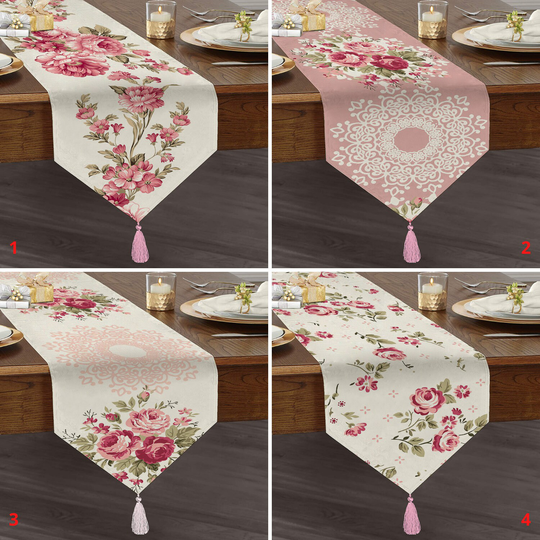 Pink Rosaceous Table Runner, Triangle Dining Pukka Flower Rose Runner With Tassel, Floral Home Decor