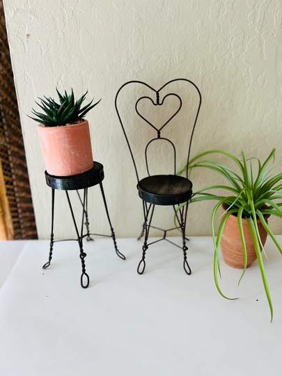 Set Of 2 Rustic Mini Chair & Table Plant Stands