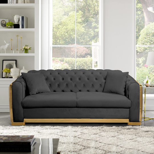 Metal Legs Solid + Manufactured Wood White Button Tufted Velvet 3 Seater Sofa, Pocket Spring And Foam