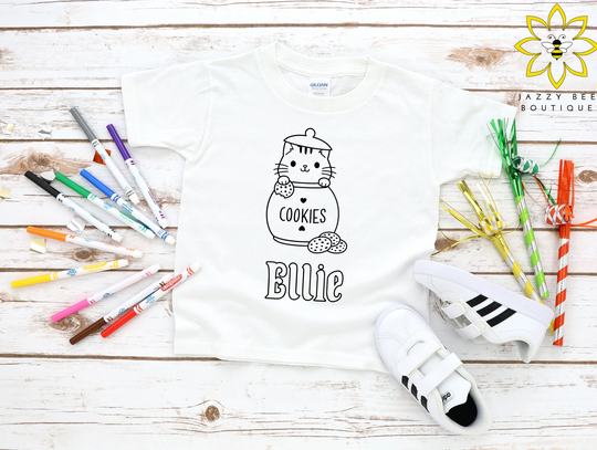 Custom Cat in A Cookie Jar Coloring Shirt For Kids, Color Your Own Shirt, Personalized Kitty Tee
