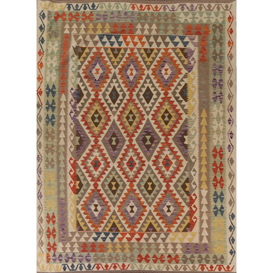 Multi-Color Geometric Kilim Area Rug Hand-woven Oriental Wool Carpet - 8'2"x 9'8"