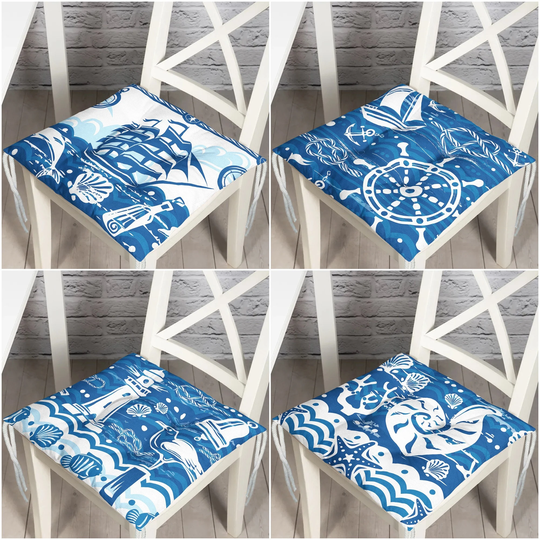 Puffy Chair Cushion|Nautical Blue White Seat Pad With Ties|Sailing Ship Wheel Lighthouse Seashell Soft Pad|Coastal Outdoor Table Decor