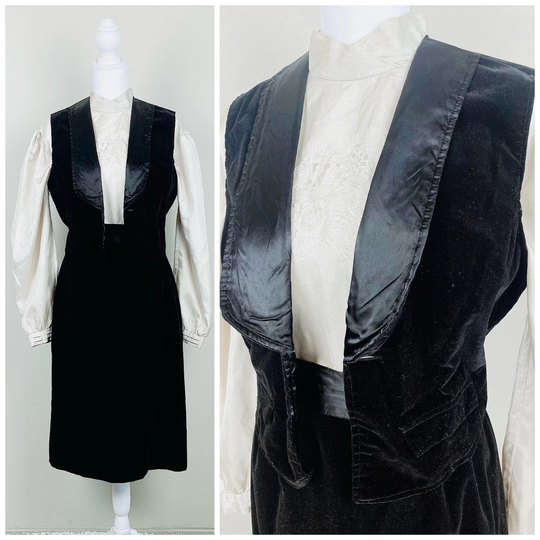 1970S Vintage Black Velvet Suit/70S Seventies Satin Cummerbund Tuxedo Pencil Skirt & Vest Size Small