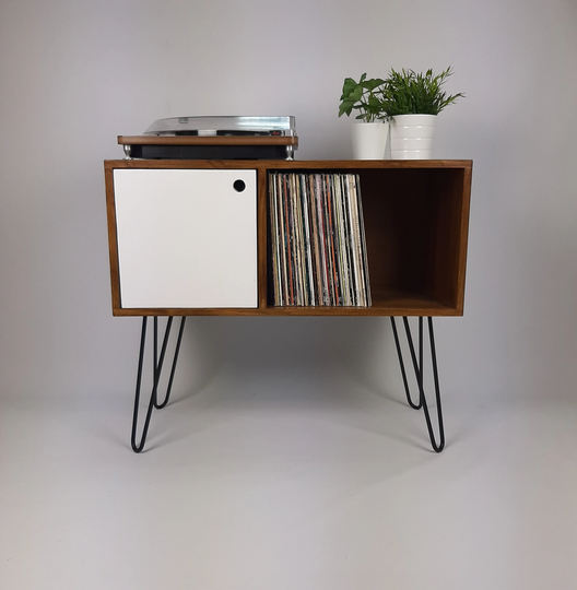 Walnut Sideboard with White Door & Black Hairpin Legs | Vinyl Record Storage Media Console