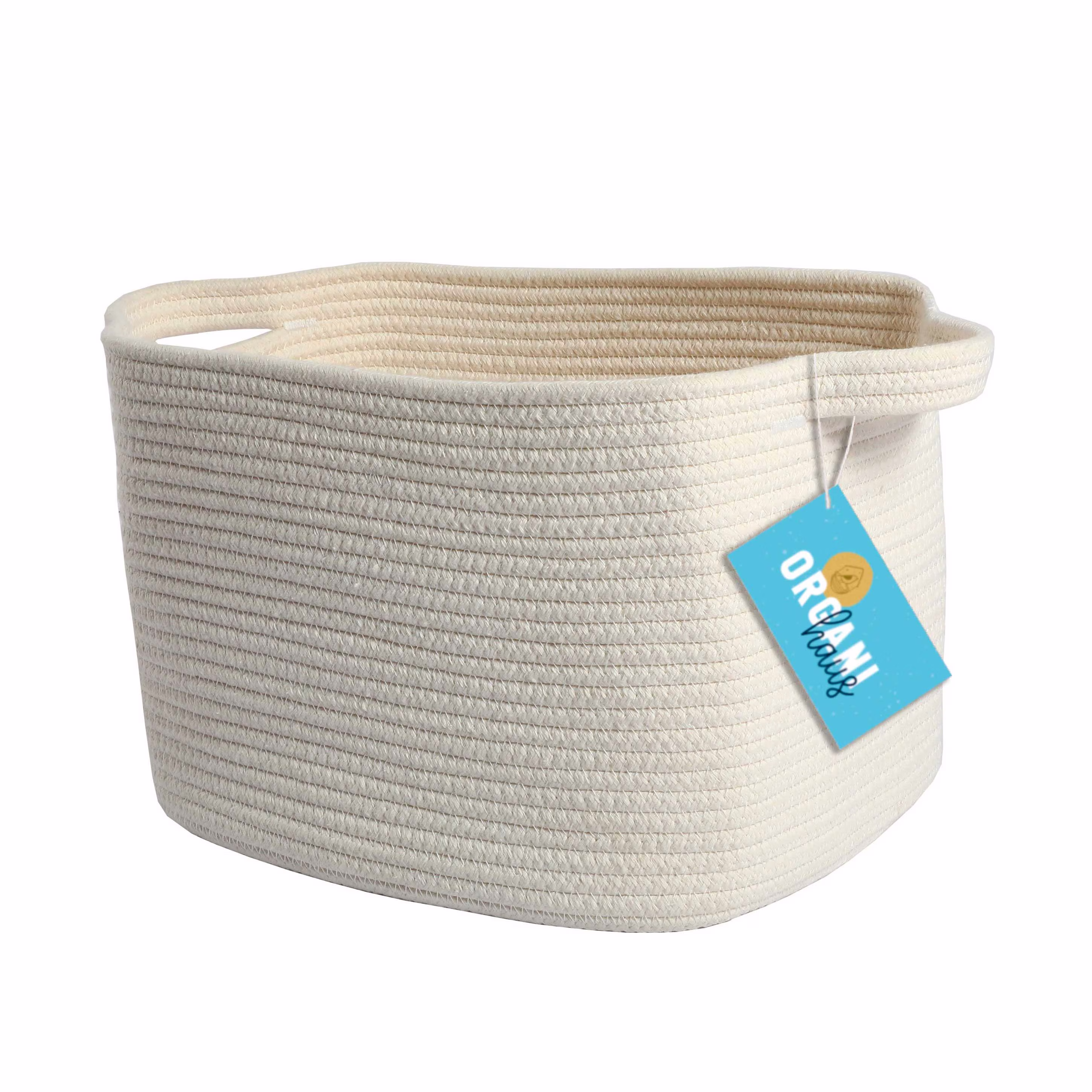 Organihaus Rope Magazine Basket With Handles | Decorative Rectangular For Books, Office, Towels 14' X 9' - White