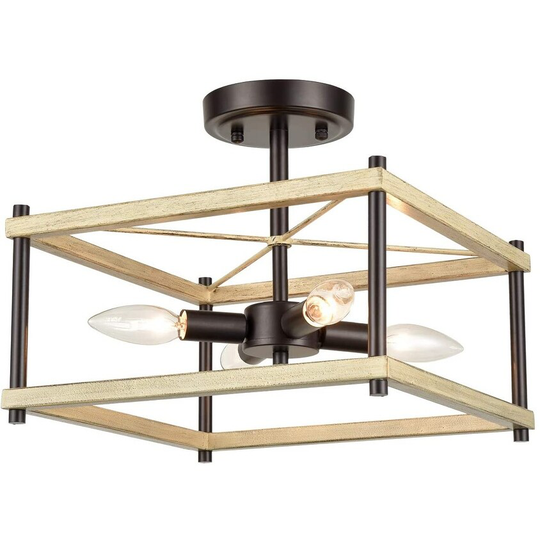 Formia 4-Light Wood Grain Frame Semi Flush Mount Ceiling Light, Square Cage - Wood Grain & Bronze