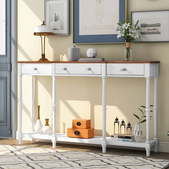 Sideboard Cabinet Classic Entryway Pine Side End Table Sofa Table Console Table with Storage Shelf & Drawer, White