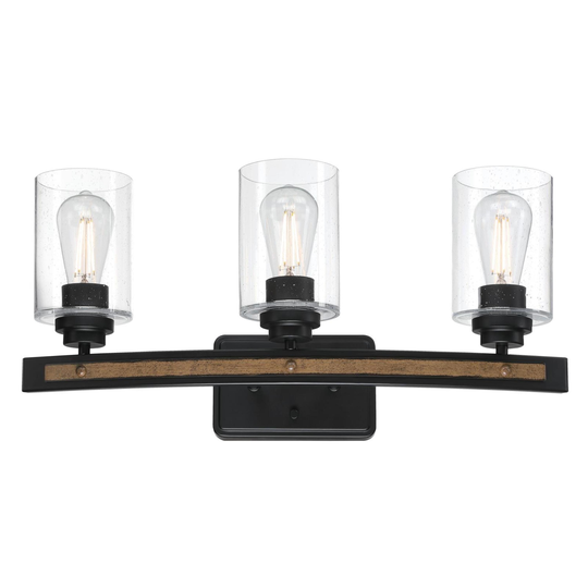 Westinghouse Lighting Broomall Three Light Wall Fixture, Matte Black Finish with Barnwood Accents, Clear Seeded Glass - 3-Light