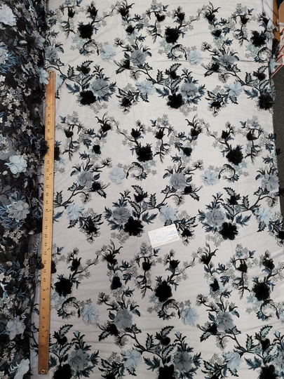 Multi-Colored Black Lace Fabric Embroidered On Mesh with 3D Chiffon Flowers For Dress Gown Prom Costume Diy Materials Supply