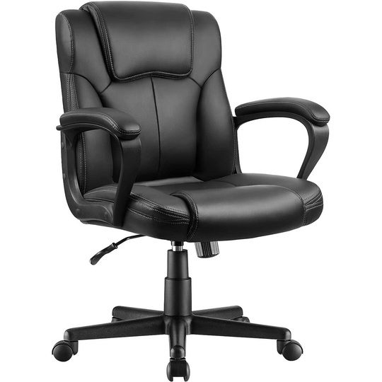 Office Chair Mid Back Swivel Computer Task, Ergonomic Leather-Padded Desk Seats with Lumbar Support,Armrests, Black