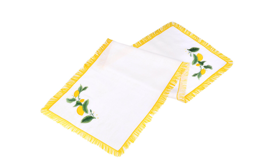 Lemon Pattern Table Runner With Tassels - Lightweight 100% Linen Decor Wedding Vintage Style Decoration