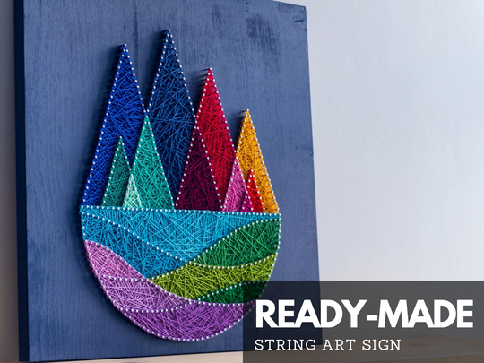 Colorful Mountain Wall Art - Mid Century Hanging Geometric String Wood Decor Abstract Gift For Mom Or Friend