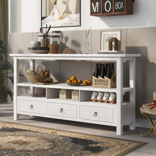 Entryway Table, Rustic Solid Console Table Double-Storey Tabletop with 3 Drawers and 3 Compartments for Living Room and Corridor