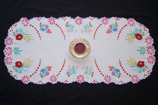 Hungarian Kalocsa Table Runner 81/36 cm, Hand Embroidered Home Decoration, White Folk Runner, Colorful Embroidery, Floral Decor