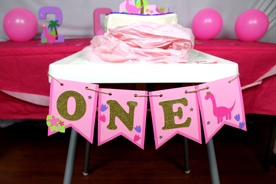 Princess Dinosaur High Chair Banner, Girl First Birthday Banner