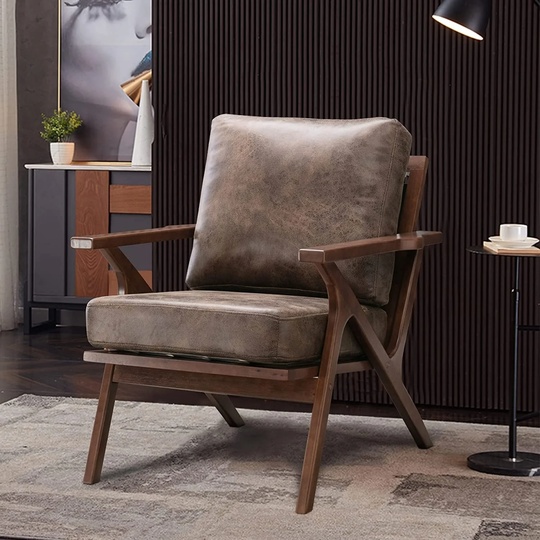 Upholstered Leather Accent Chair with Solid Wood Frame & Removable Cushions