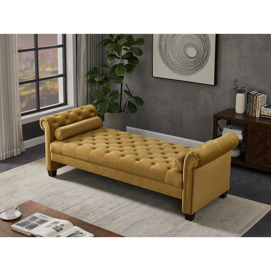 Modern Transitional Pleuche Rectangular Large Sofa Stool, Flannel Multi-purpose Sofa with Tufted Cushions and solid wood feet