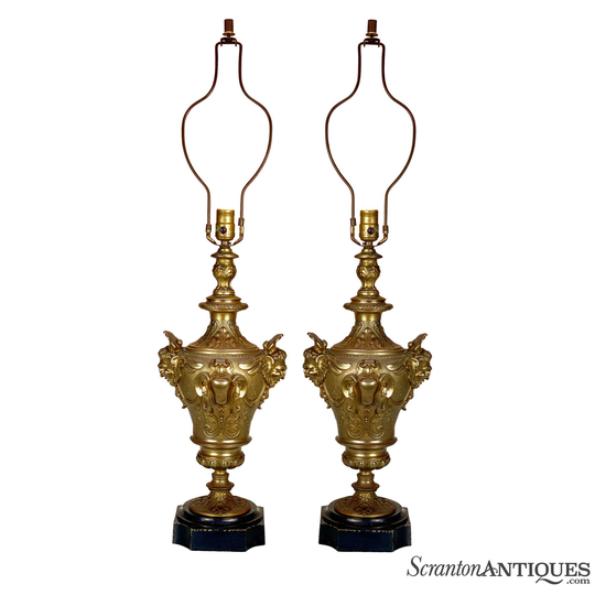 Antique French Rococo Bronze Urn Table Lamps with Figural Face Motif - A Pair