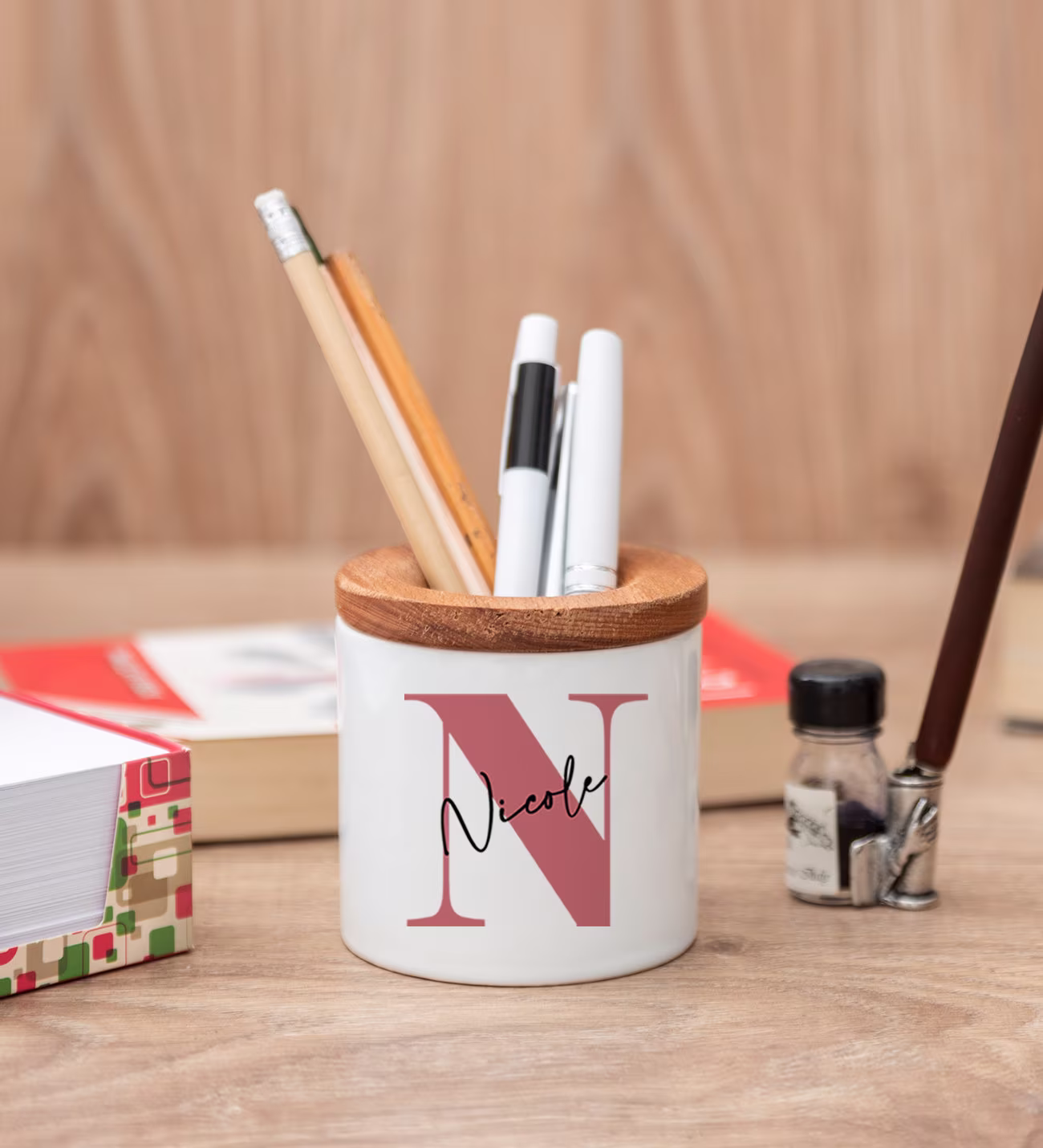 Personalized Pen Holder For Desk With Name, Cute Wooden Lid, Ceramic Pencil Cup Name & Letter, Pot