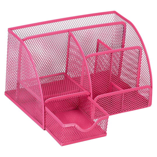 Pen Holder, Metal 6-Slot and 1 Drawer Oval Pencil Desktop Organizer, Red