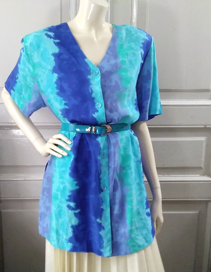 80S Pop-Art Blouse Vivid Colors Tie Die Print Long Vacation Shirt Summer Top Bright Probably Viscose Colorblock
