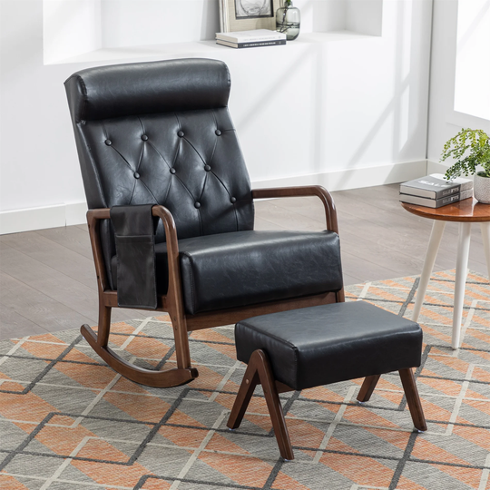 PU Rocking Chair With Ottoman and Thick Padded Cushion