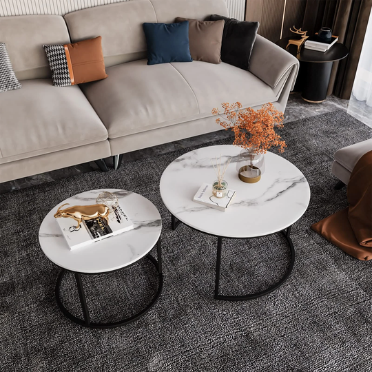Wooden Marble Pattern Nesting Coffee Table Set of 2, 31.5" Round Coffee Table with Adjustable Non-Slip Feet