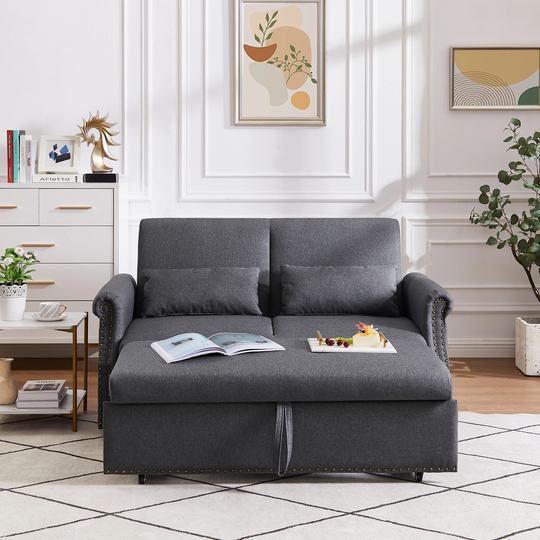 Modern Loveseat Convertible Folding Sofa Bed, Manual Recline Sleeper Sofa with Nailheads, Lounge Couch for Living Room