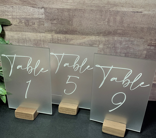 Wedding Table Numbers with Wooden Holders| Frosted Acrylic | Engraved Square Numbers