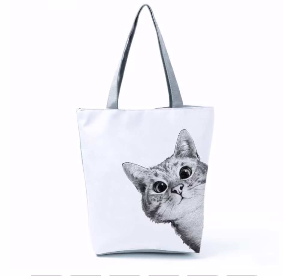Cotton Bag, Fabric Bag With Long Handles, For Shopping, Cat Art Print Tote Handbag, Women Fabric Bag Student School Bags