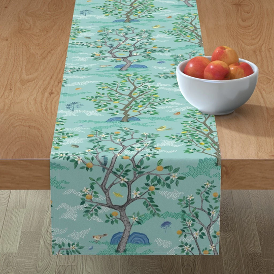 Aqua Chinoiserie Table Runner - Citrus Grove By Danika Herrick Lemon Floral Songbirds Cotton Sateen Spoonflower