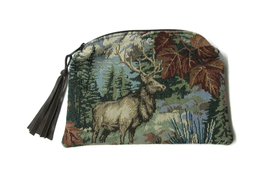 Large Zippered High End Tapestry Pouch Brown Leather Majestic Elk Pencil Case Office Drawer Organizer Travel Bag Toiletries